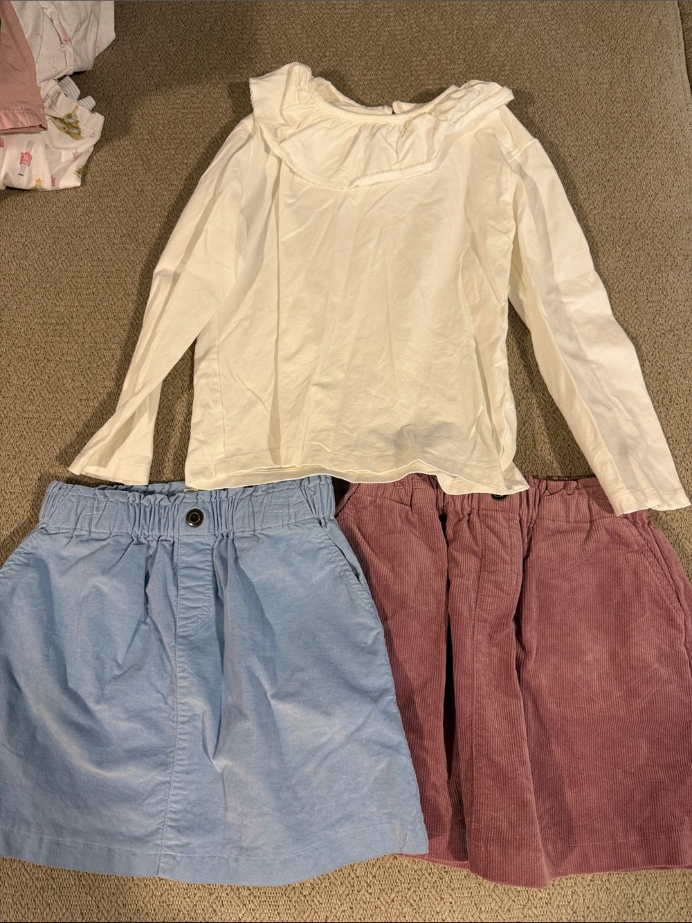Girls' Cream Ruffle Collar Top with Blue and Mauve Corduroy Skirts